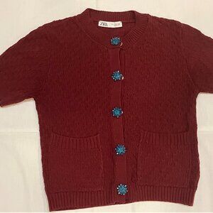 Zara Women Short Sleeves Cardigan Burgundy Jewel Buttons Size S